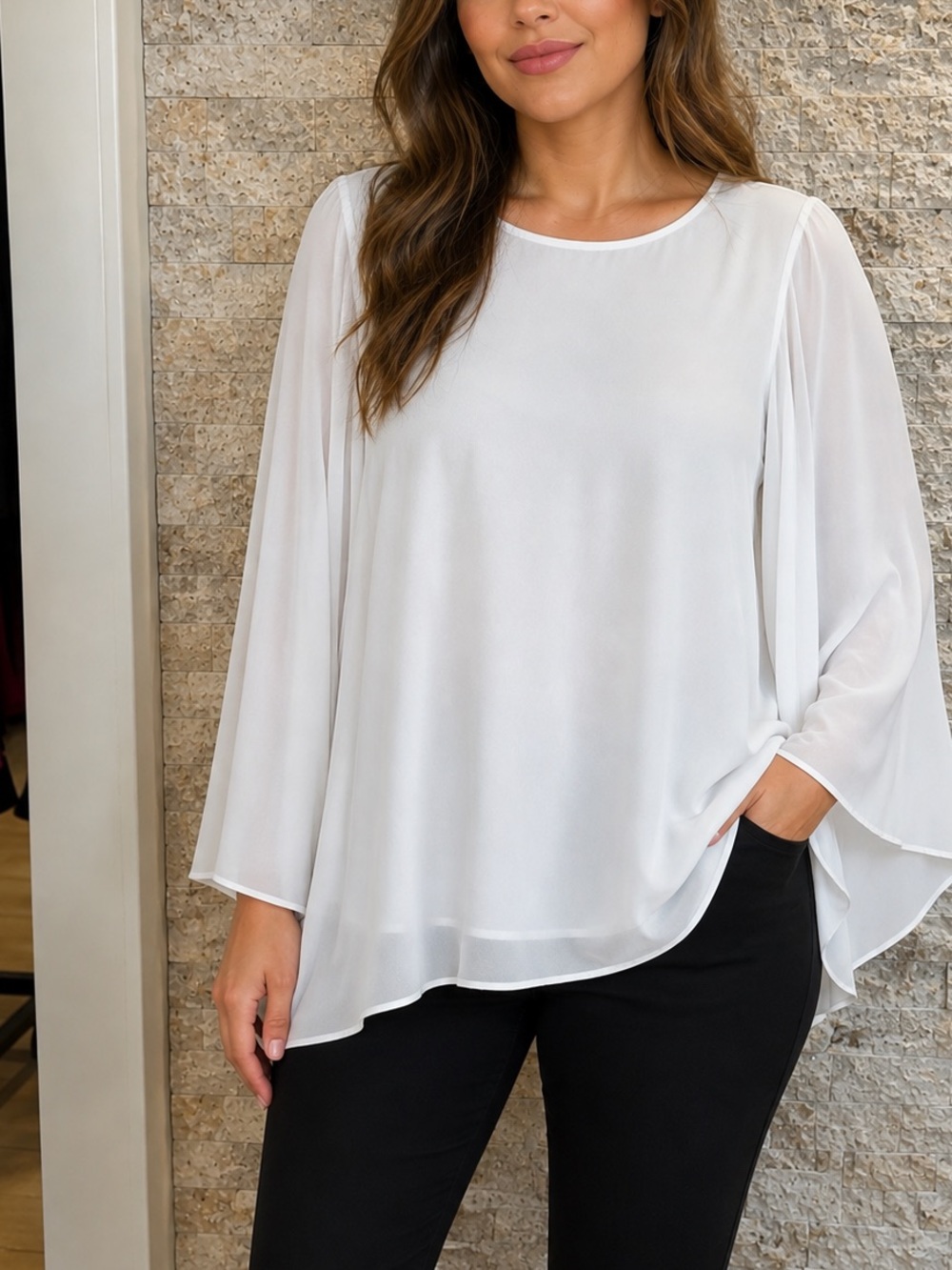 White Chiffon Flowy Asymmetrical Long Sleeve Dressy Blouse Top size 8